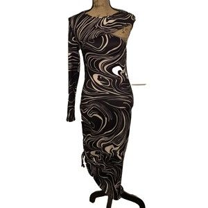 SheIn Womens Dress S Black Cream Marble Stretch Drawstring Sides Sexy Bodycon